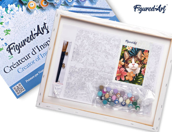 Malen nach Zahlen 40x50cm auf Keilrahmen gespannt Figured’Art Katze mit tropischen Blumen