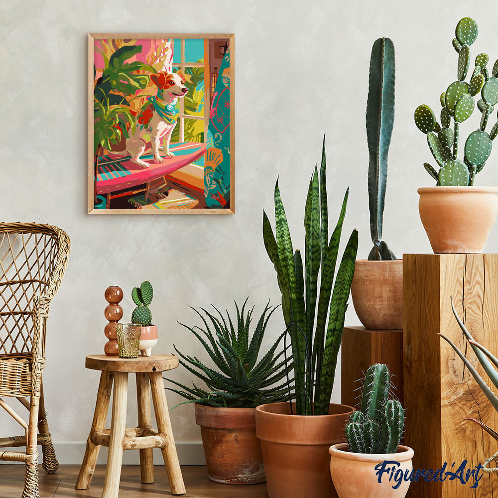 Malen nach Zahlen 40x50cm auf Keilrahmen gespannt Figured’Art Surfbegeisterter Hund - Kidis Art