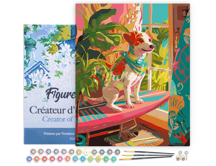 Malen nach Zahlen 40x50cm auf Keilrahmen gespannt Figured’Art Surfbegeisterter Hund - Kidis Art