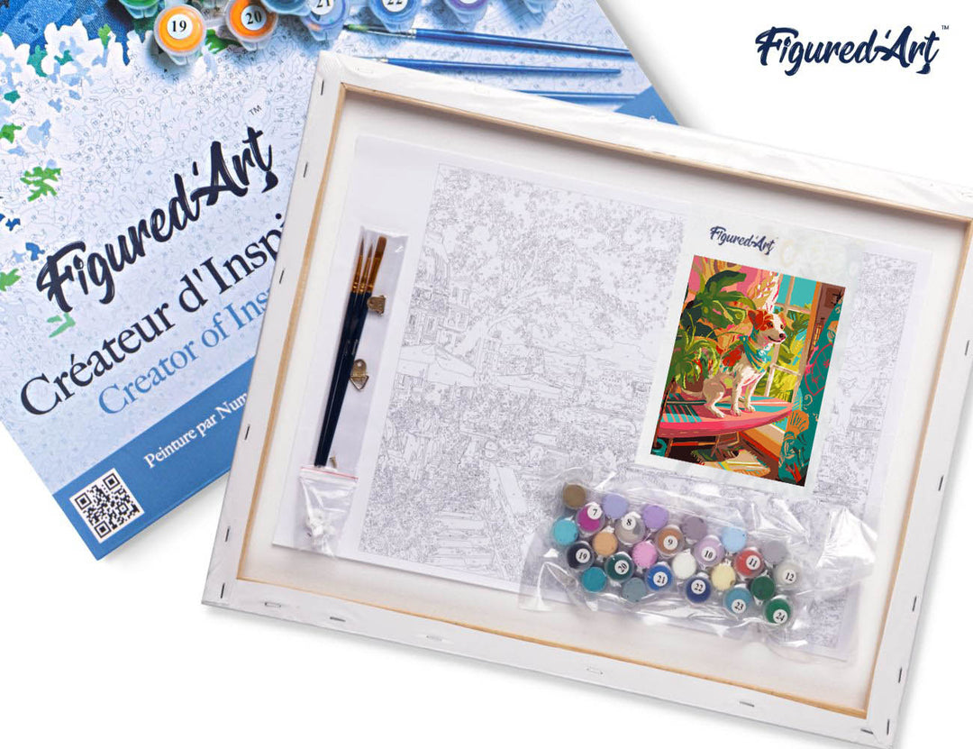 Malen nach Zahlen 40x50cm auf Keilrahmen gespannt Figured’Art Surfbegeisterter Hund - Kidis Art