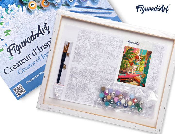 Malen nach Zahlen 40x50cm auf Keilrahmen gespannt Figured’Art Surfbegeisterter Hund - Kidis Art