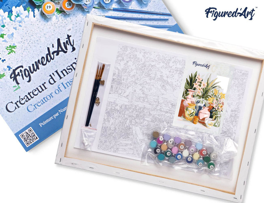 Malen nach Zahlen 40x50cm auf Keilrahmen gespannt Figured’Art Töpferwaren und Blumen