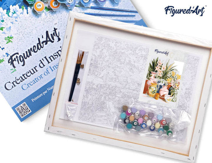 Malen nach Zahlen 40x50cm auf Keilrahmen gespannt Figured’Art Töpferwaren und Blumen