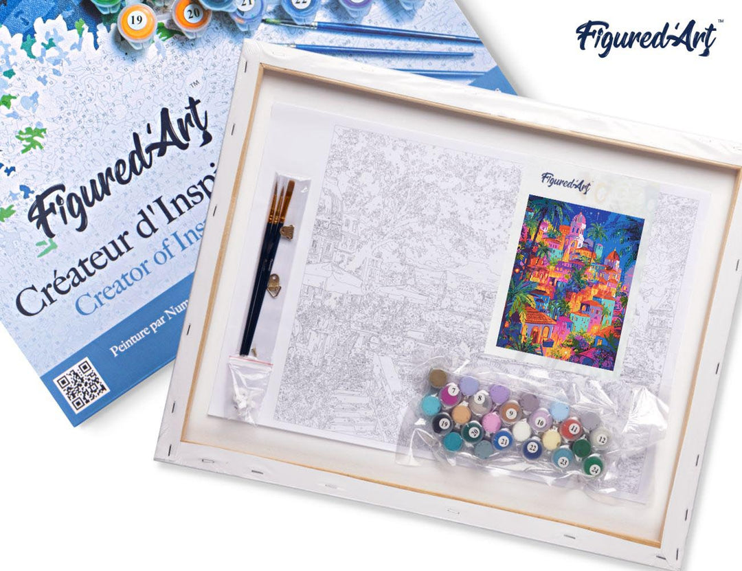 Malen nach Zahlen 40x50cm auf Keilrahmen gespannt Figured’Art Tropische Traumstadt - Kidis Art