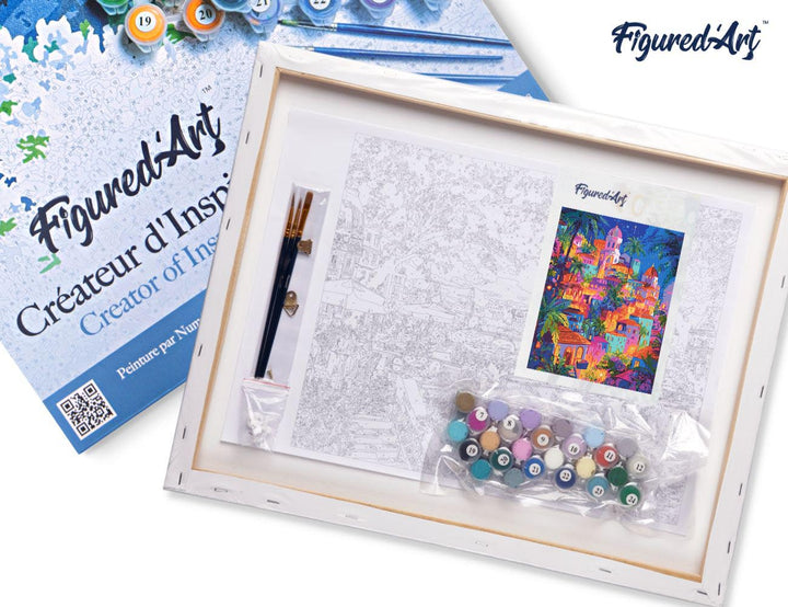 Malen nach Zahlen 40x50cm auf Keilrahmen gespannt Figured’Art Tropische Traumstadt - Kidis Art