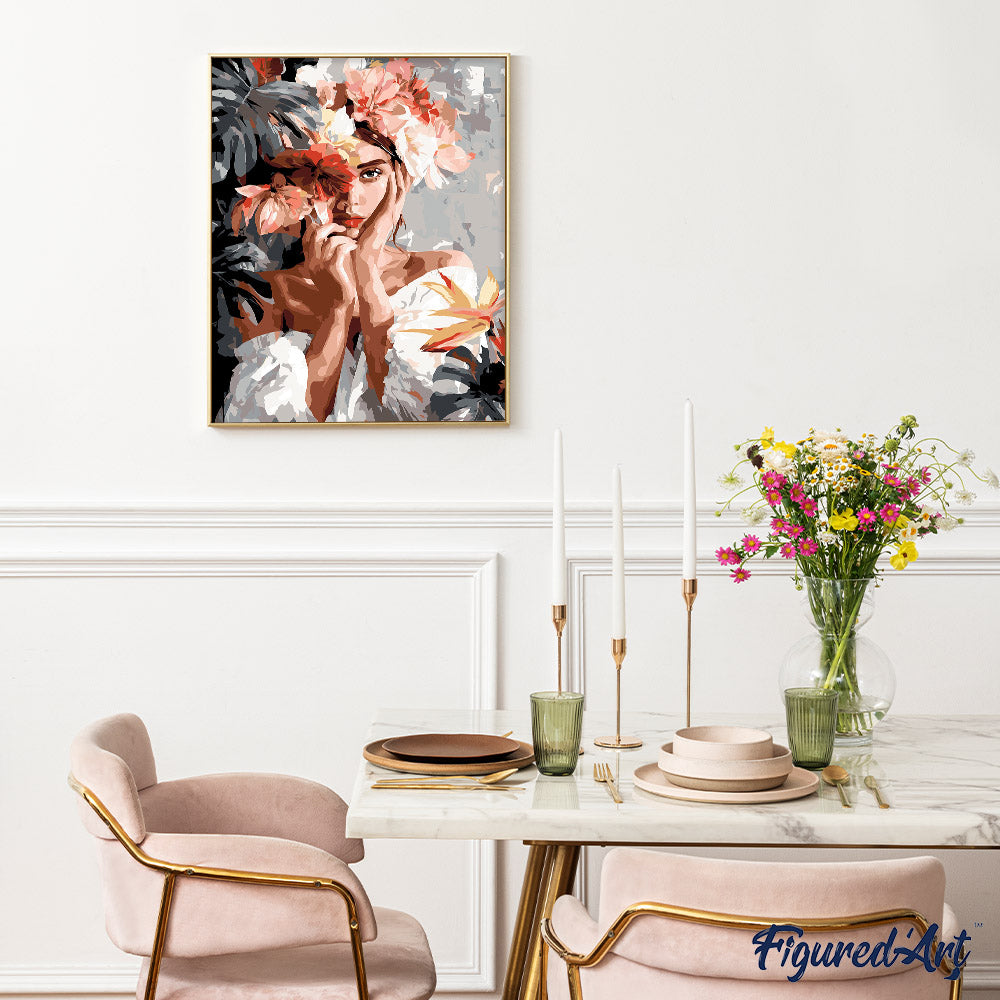 Malen nach Zahlen 40x50cm auf Keilrahmen gespannt Figured’Art Porträt eines Mädchens mit Blumen