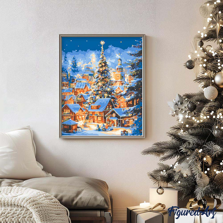 Malen nach Zahlen 40x50cm ohne Keilrahmen Figured’Art Funkelndes Weihnachtsdorf - Kidis Art