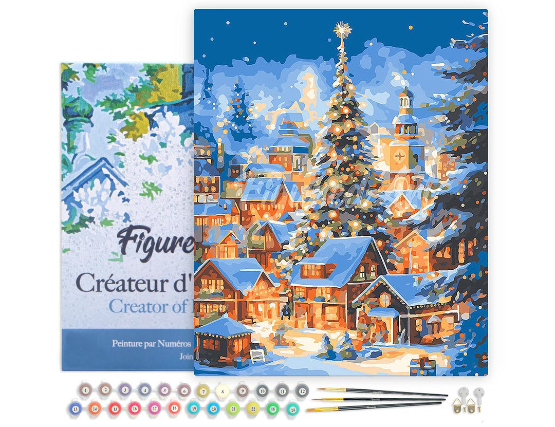 Malen nach Zahlen 40x50cm auf Keilrahmen gespannt Figured’Art Funkelndes Weihnachtsdorf