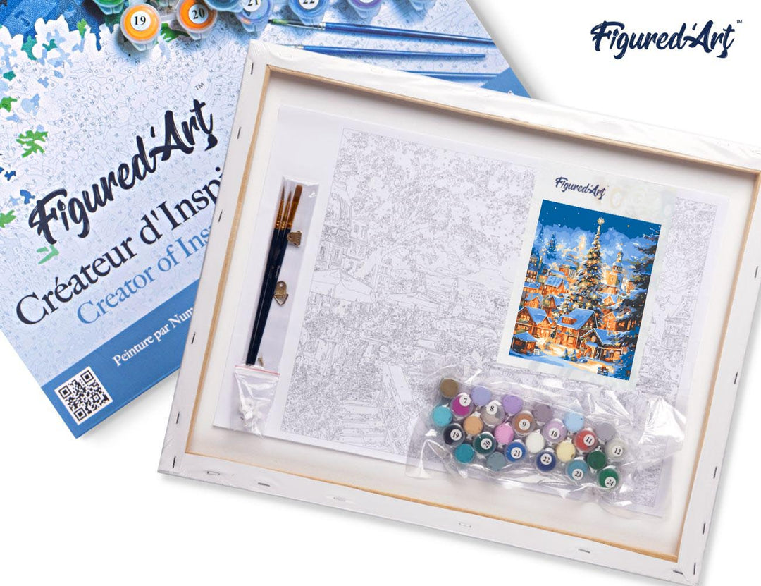 Malen nach Zahlen 40x50cm auf Keilrahmen gespannt Figured’Art Funkelndes Weihnachtsdorf