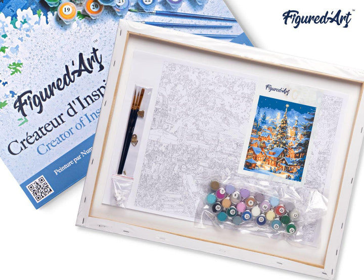 Malen nach Zahlen 40x50cm auf Keilrahmen gespannt Figured’Art Funkelndes Weihnachtsdorf