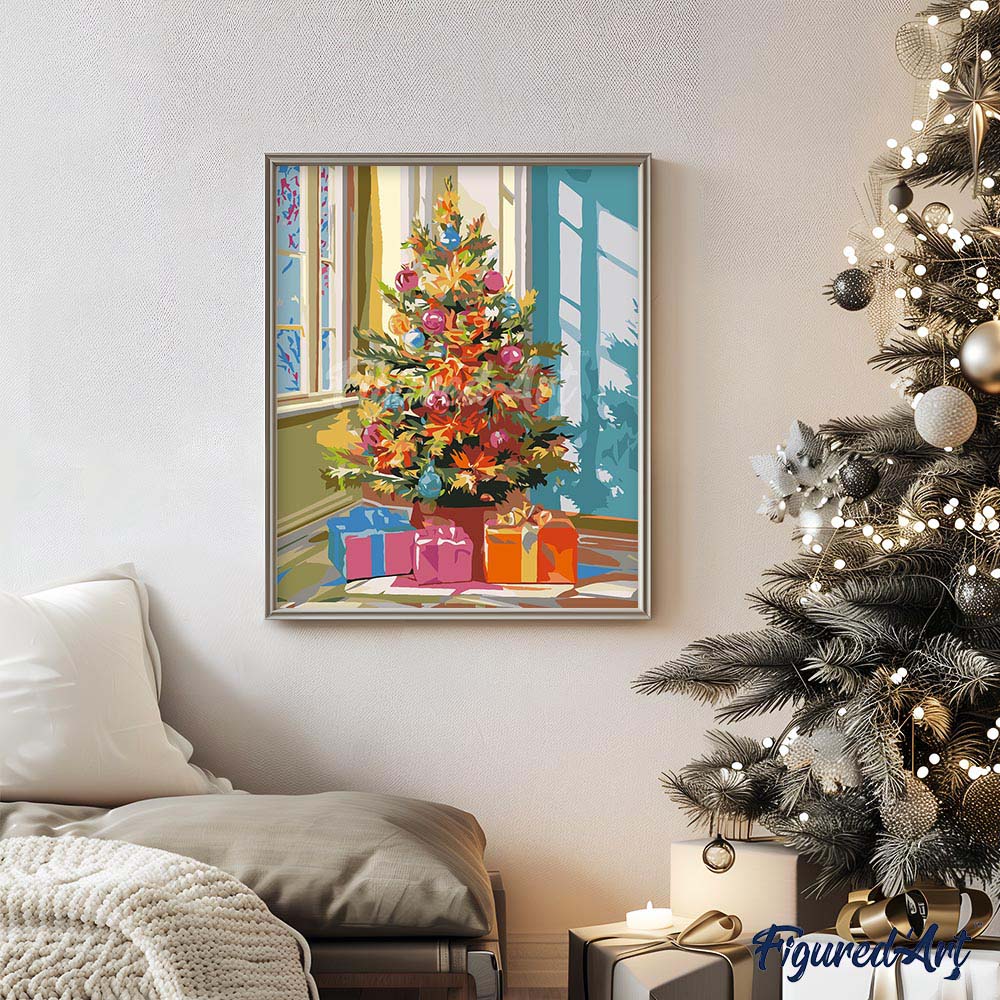Malen nach Zahlen 40x50cm ohne Keilrahmen Figured’Art Leuchtender Weihnachtsbaum - Kidis Art