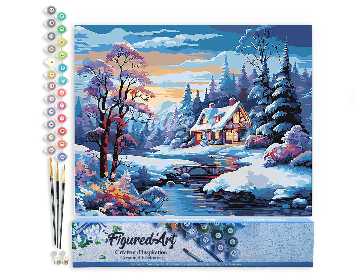 Malen nach Zahlen 40x50cm ohne Keilrahmen Figured’Art Cottage am Fluss im Winter - Kidis Art
