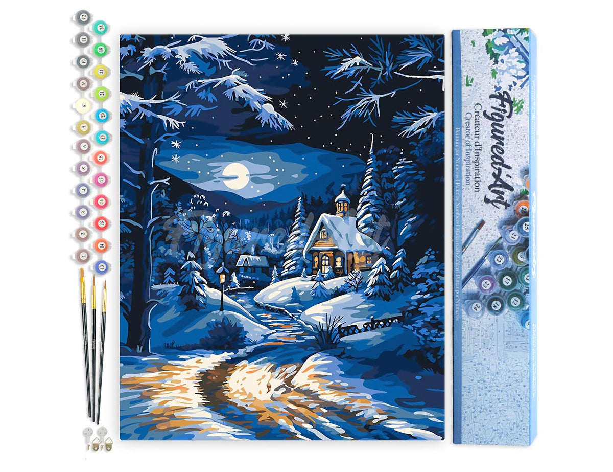 Malen nach Zahlen 40x50cm ohne Keilrahmen Figured’Art Wintercottage im Mondschein - Kidis Art