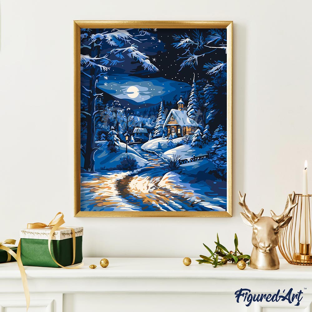 Malen nach Zahlen 40x50cm auf Keilrahmen gespannt Figured’Art Wintercottage im Mondschein - Kidis Art