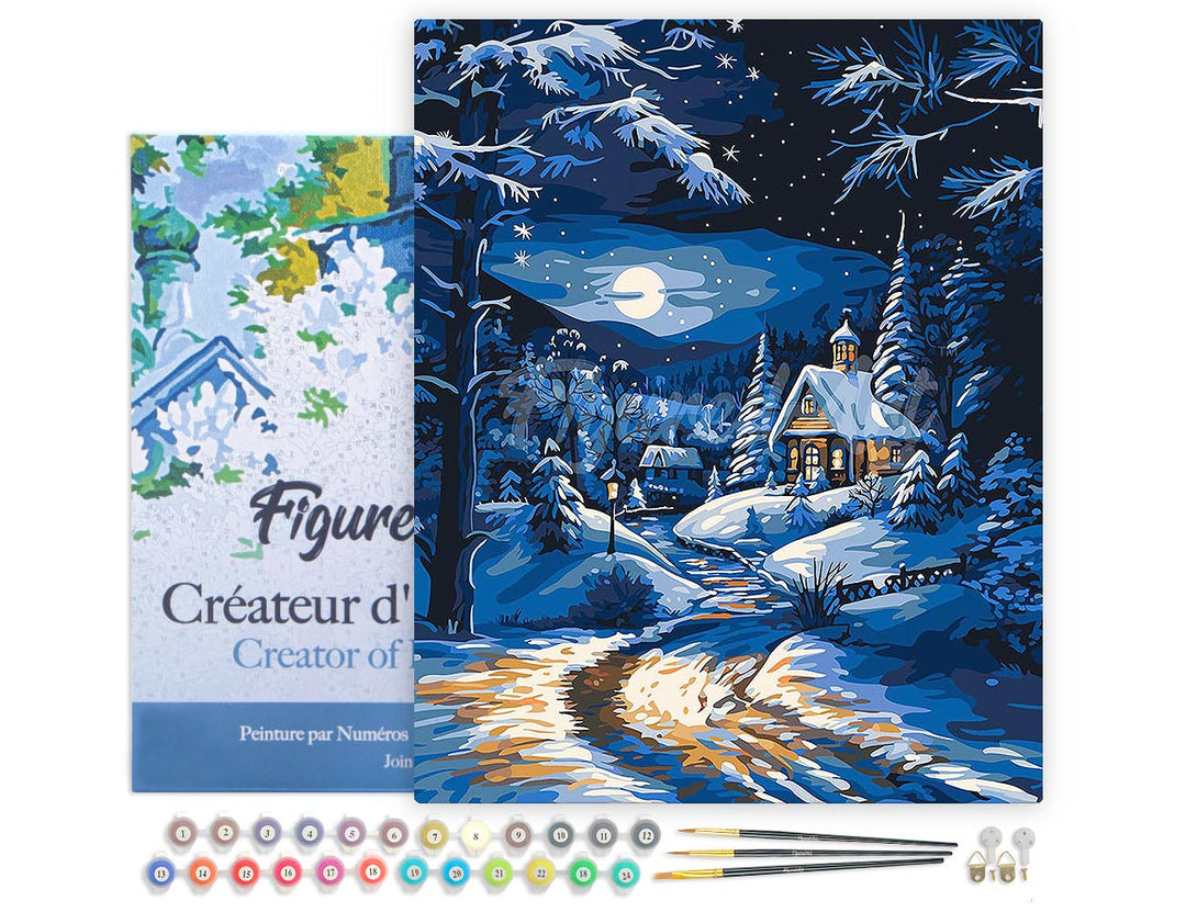 Malen nach Zahlen 40x50cm auf Keilrahmen gespannt Figured’Art Wintercottage im Mondschein - Kidis Art