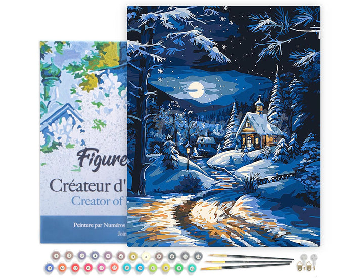 Malen nach Zahlen 40x50cm auf Keilrahmen gespannt Figured’Art Wintercottage im Mondschein - Kidis Art