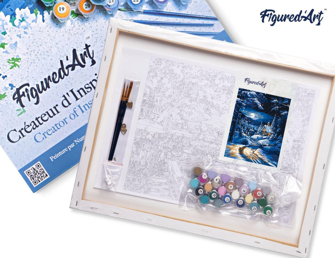 Malen nach Zahlen 40x50cm auf Keilrahmen gespannt Figured’Art Wintercottage im Mondschein - Kidis Art