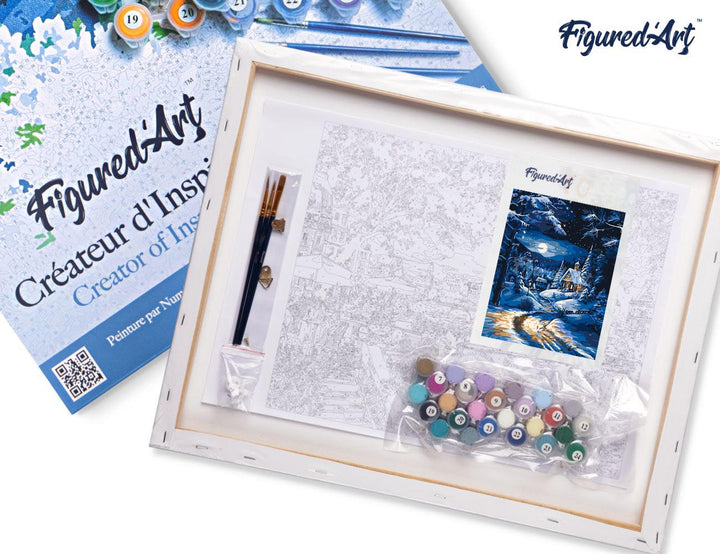 Malen nach Zahlen 40x50cm auf Keilrahmen gespannt Figured’Art Wintercottage im Mondschein - Kidis Art