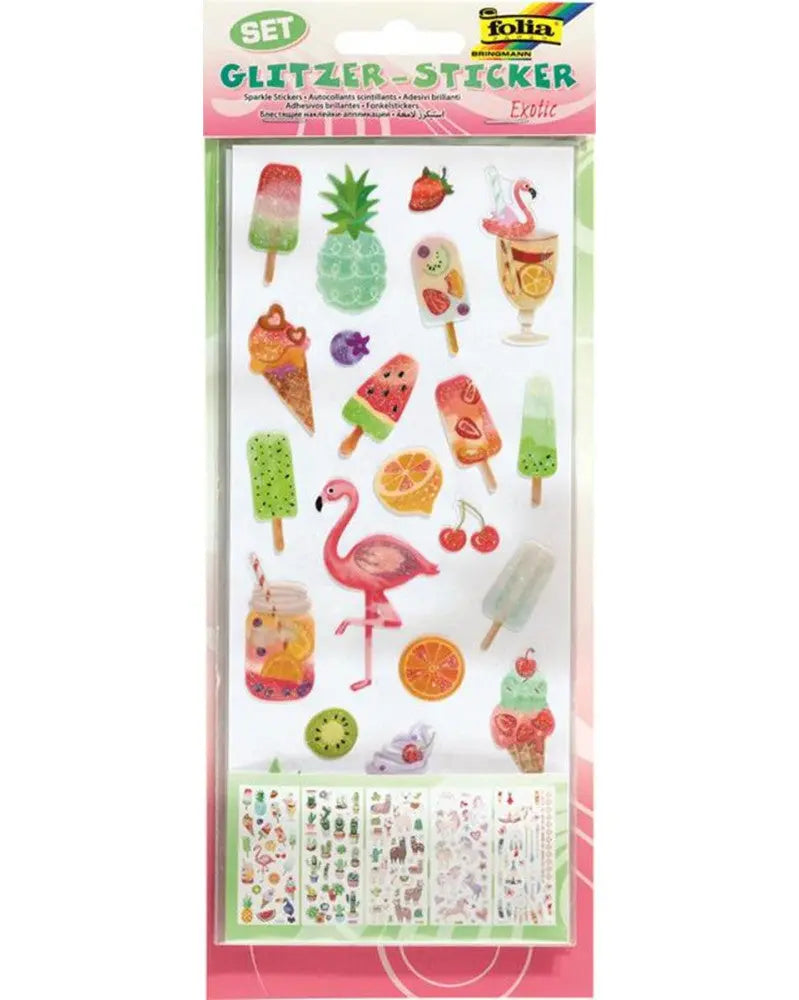 Glitzer Sticker Exotic 10x23cm 5 Blatt, Motive sortiert