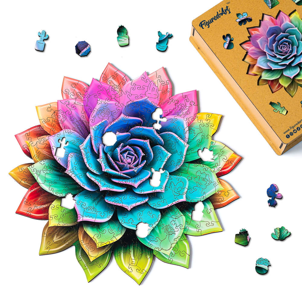 Holzpuzzle 2D Design – Regenbogen-Sukkulente - Kidis Art
