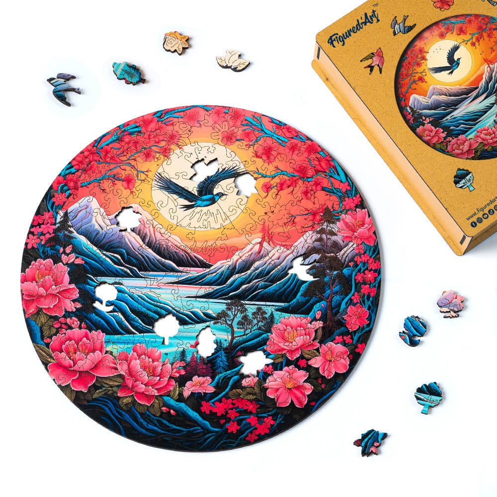 Holzpuzzle 2D Design – Berglandschaft bei Sonnenuntergang