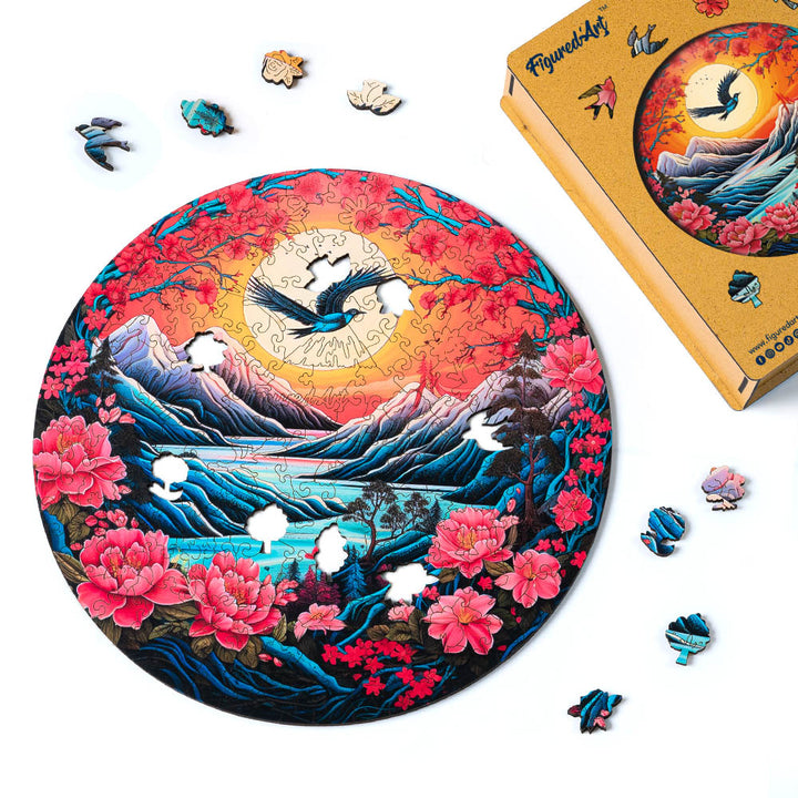 Holzpuzzle 2D Design – Berglandschaft bei Sonnenuntergang