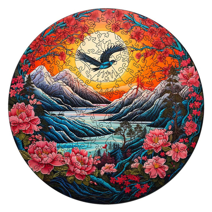 Holzpuzzle 2D Design – Berglandschaft bei Sonnenuntergang