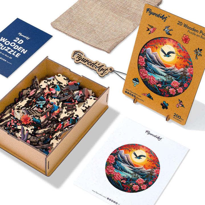 Holzpuzzle 2D Design – Berglandschaft bei Sonnenuntergang