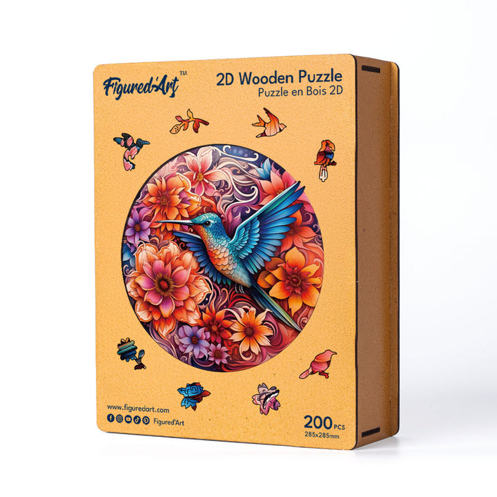 Holzpuzzle 2D Design – Kolibri und blühende Blumen