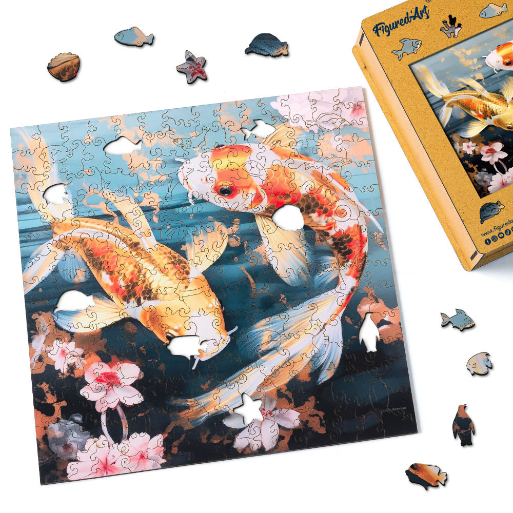 Holzpuzzle 2D Design – Koi-Karpfen und Blumen