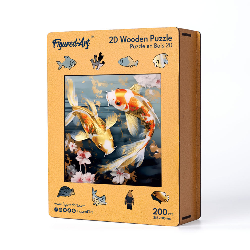 Holzpuzzle 2D Design – Koi-Karpfen und Blumen