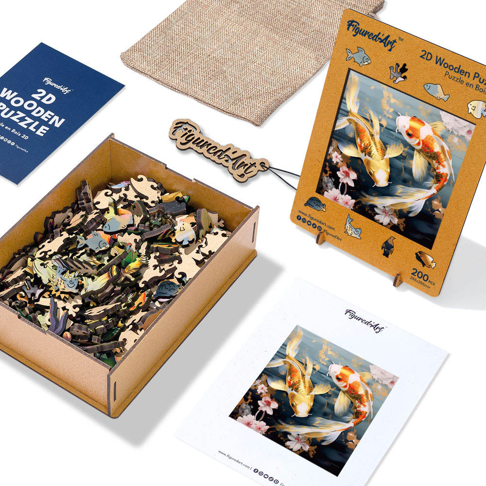 Holzpuzzle 2D Design – Koi-Karpfen und Blumen