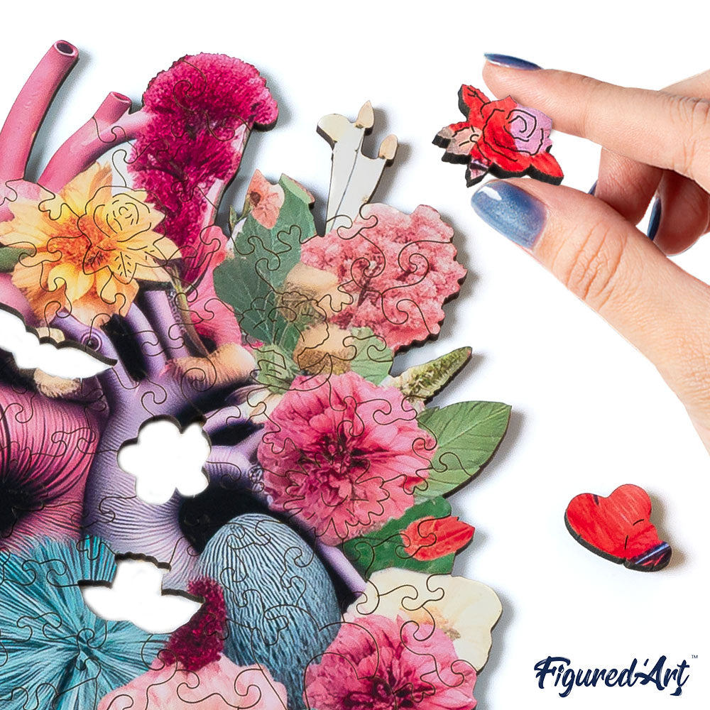 Holzpuzzle 2D Design – Anatomie des blumigen Herzens