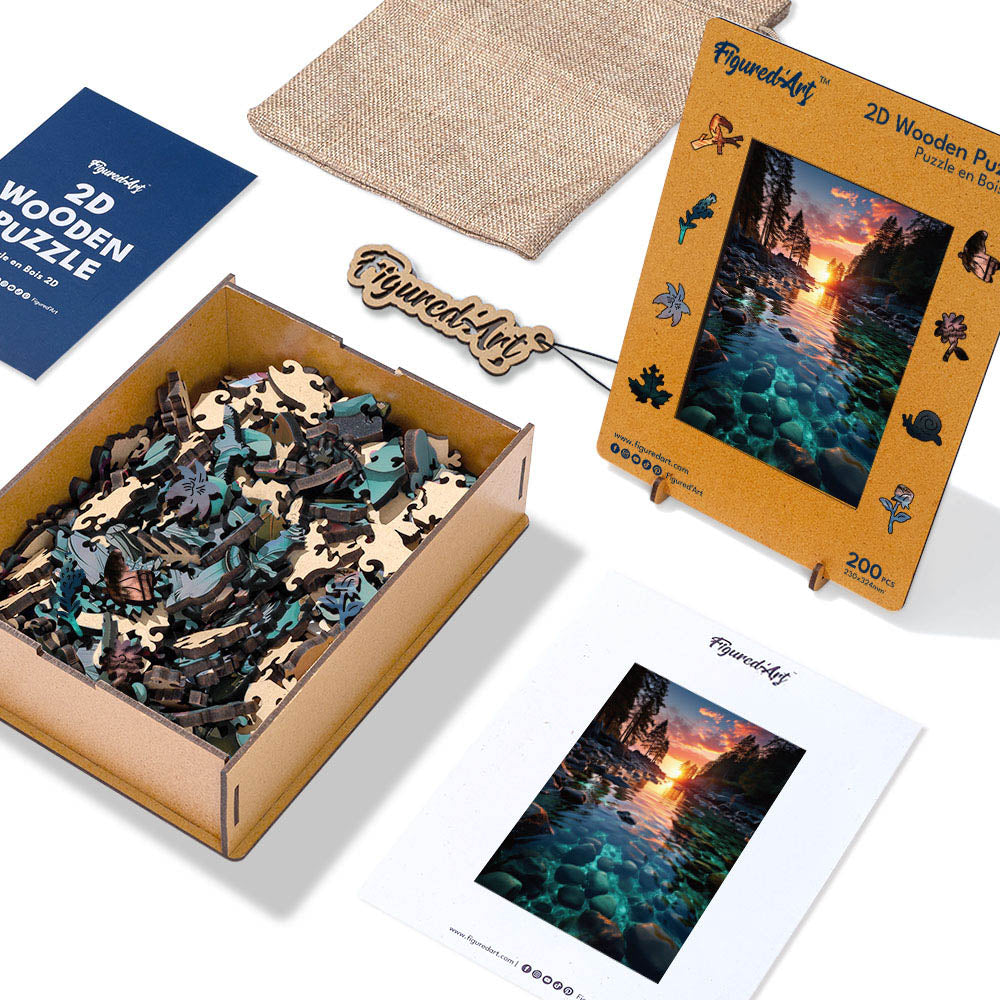 Holzpuzzle 2D Design – Sonnenuntergang und klarer Fluss