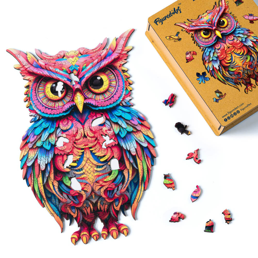 Holzpuzzle 2D Design – Strahlende Eule - Kidis Art