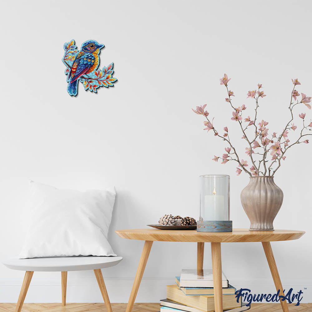Holzpuzzle 2D Design – Blauer Vogel auf einem Ast - Kidis Art