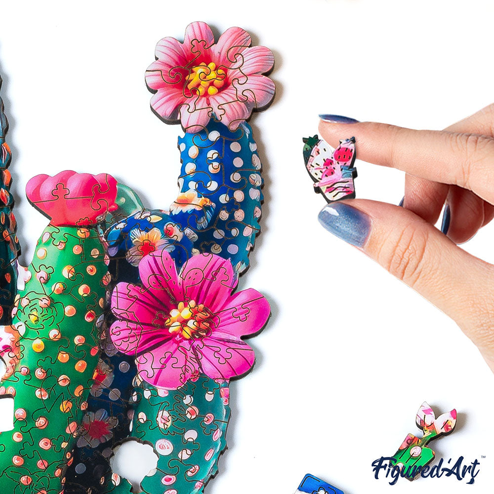 Holzpuzzle 2D Design – Blühender Kaktus im Topf