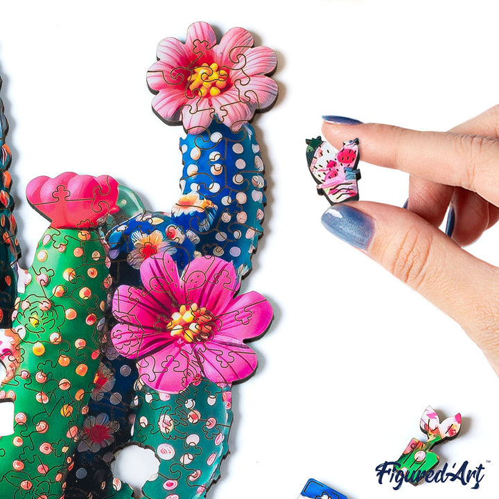 Holzpuzzle 2D Design – Blühender Kaktus im Topf