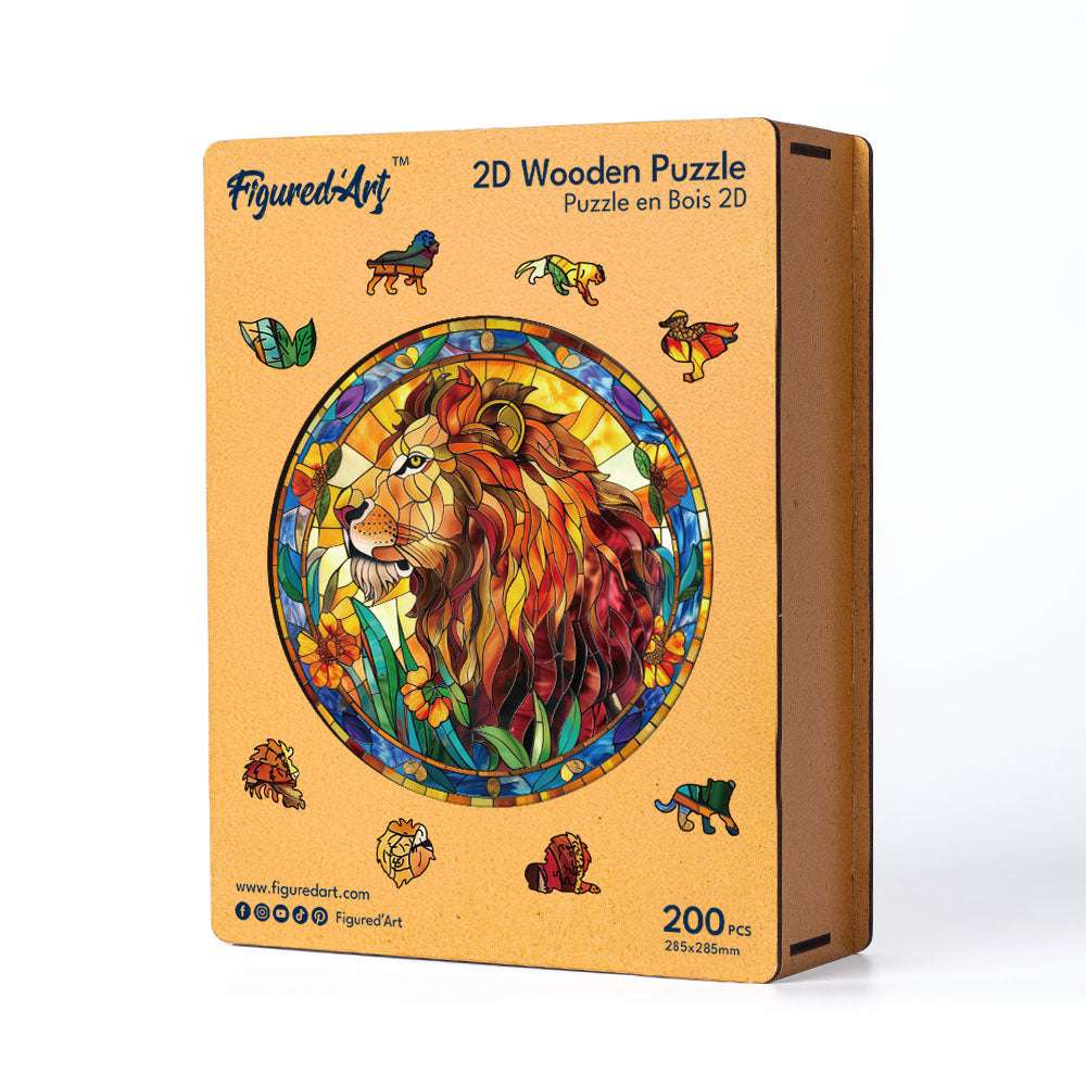 Holzpuzzle 2D Design – Löwe im Stil eines Buntglasfensters