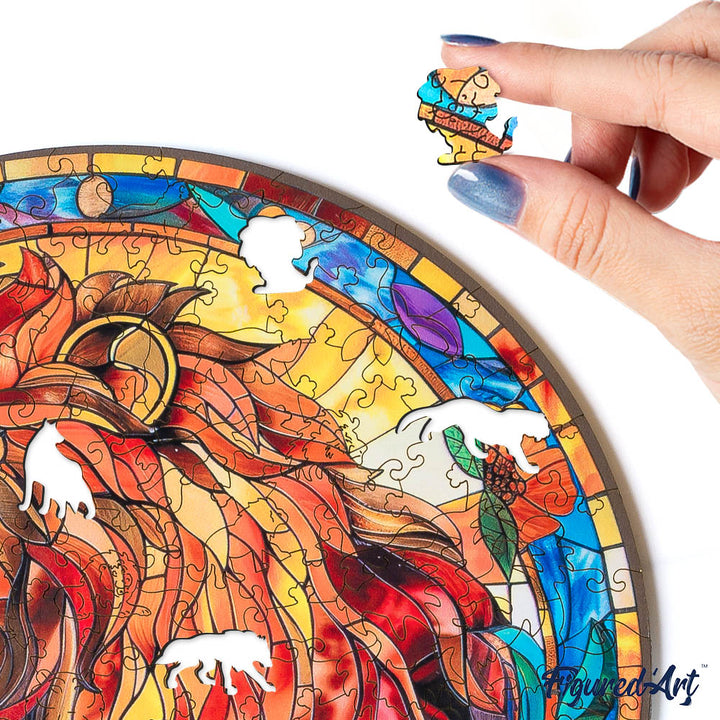 Holzpuzzle 2D Design – Löwe im Stil eines Buntglasfensters