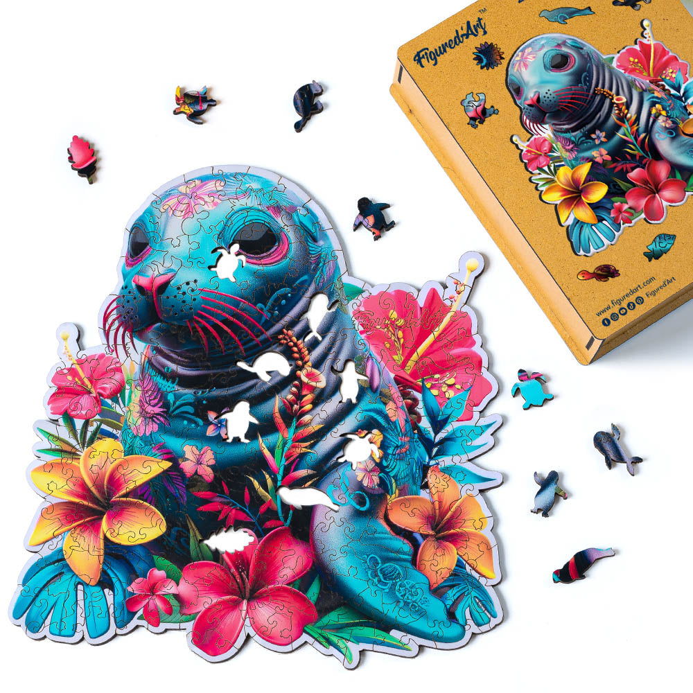 Holzpuzzle 2D Design – Robbe und Blumen - Kidis Art