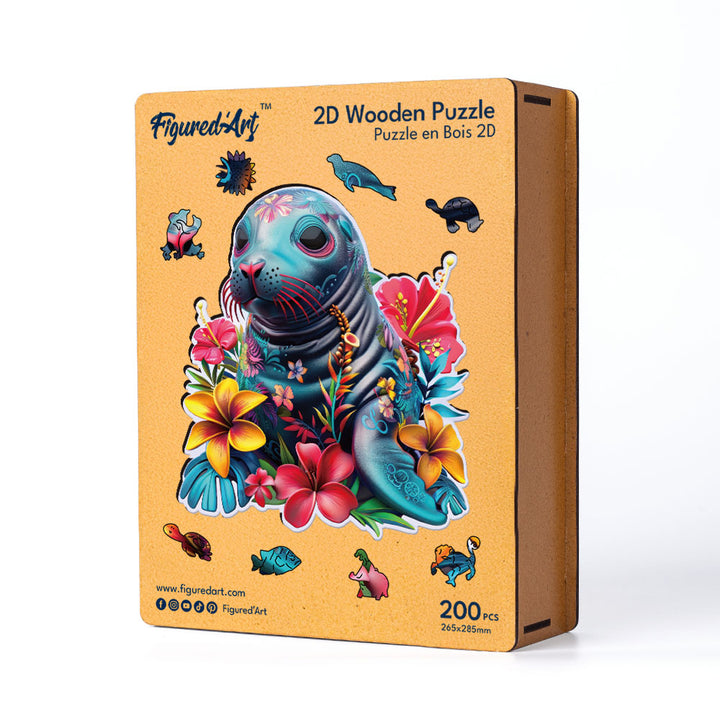 Holzpuzzle 2D Design – Robbe und Blumen