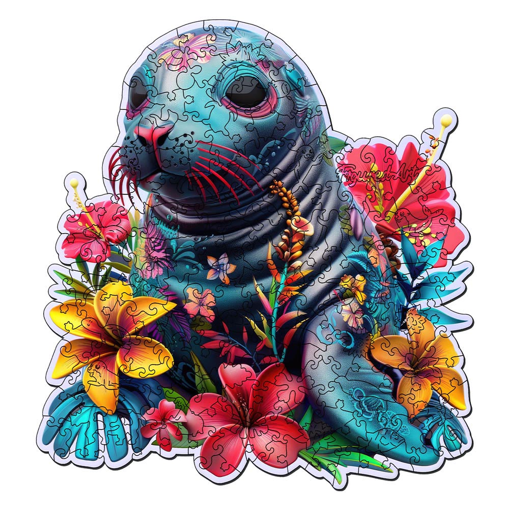 Holzpuzzle 2D Design – Robbe und Blumen