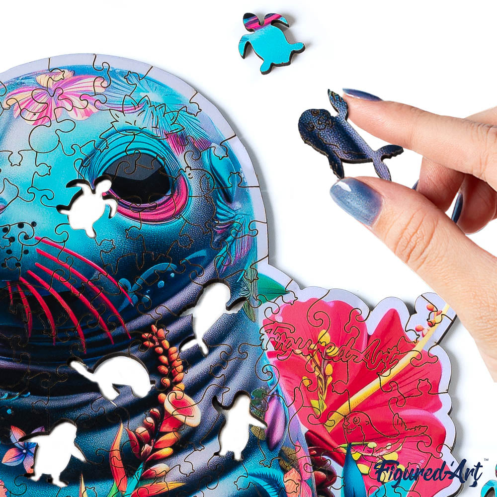 Holzpuzzle 2D Design – Robbe und Blumen