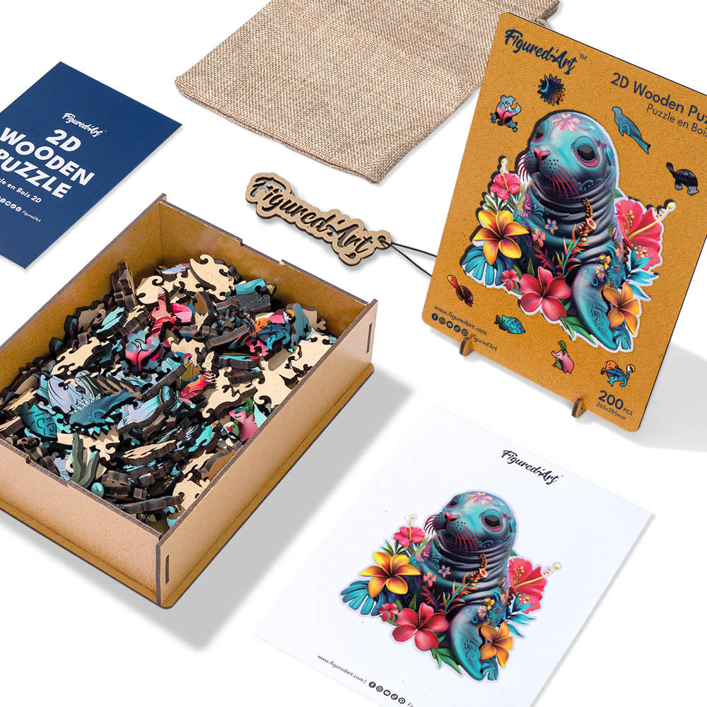 Holzpuzzle 2D Design – Robbe und Blumen - Kidis Art