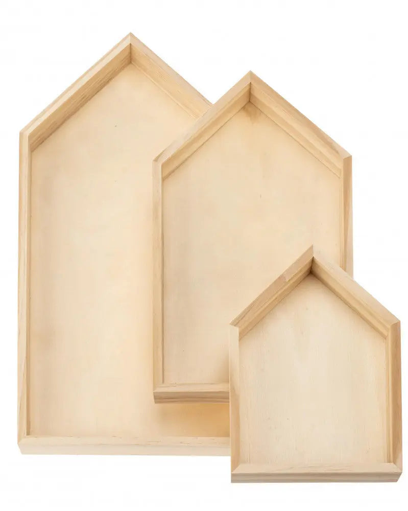 Holz-Tablett-Set 3tlg, Haus 20x40 / 17x30 / 14x20 cm