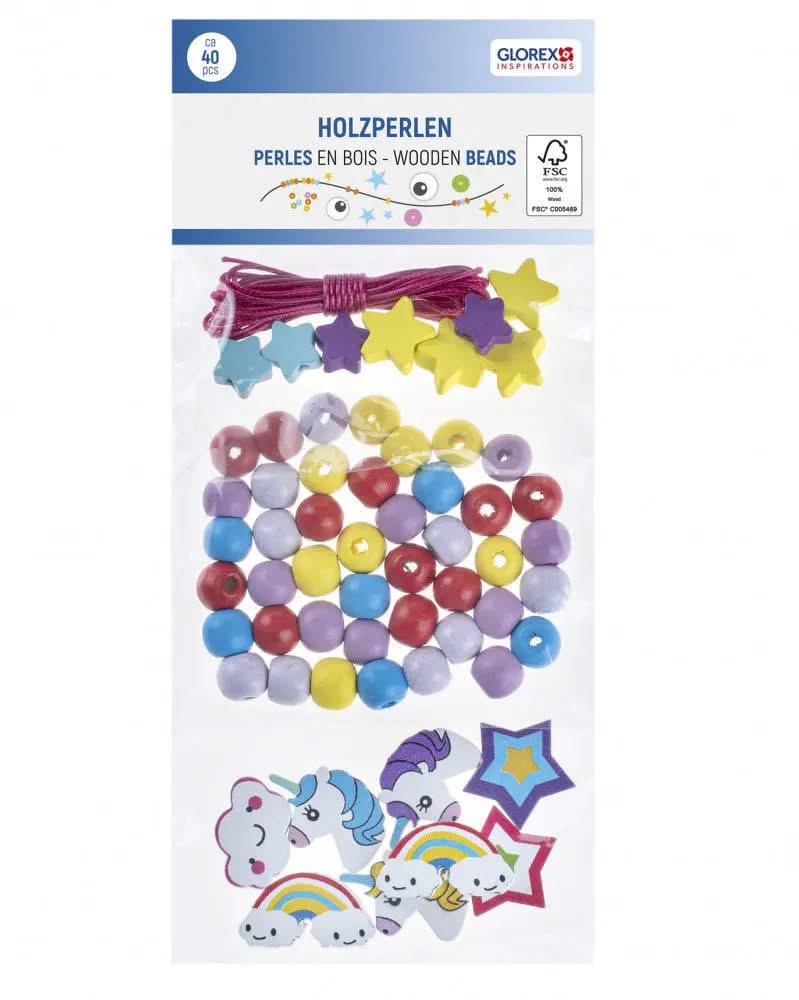 Holzperlen Einhorn - 40St. sortiert mit Kordeln-2m - Kidis Art