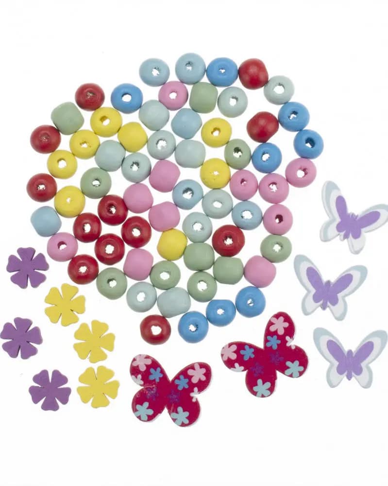 Holzperlen mit Blumen sortiert, 75St./pcs - Kidis Art