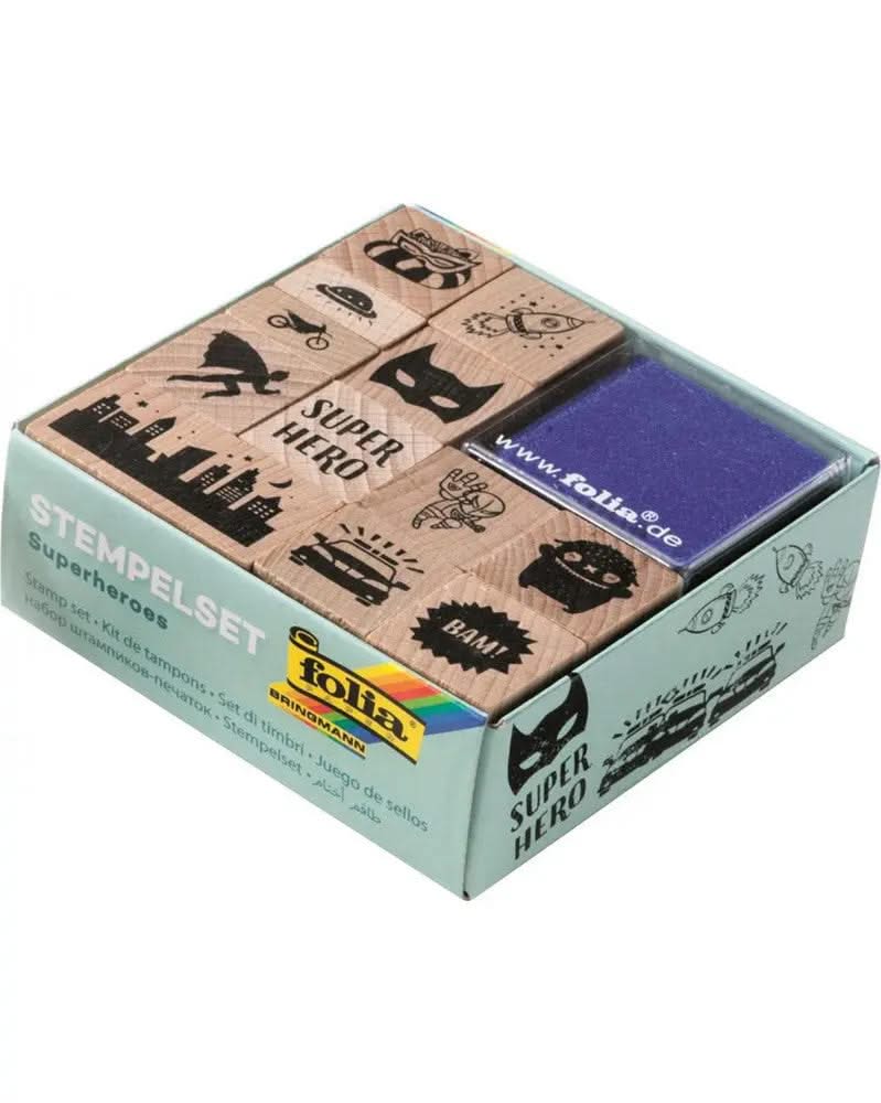 Holzstempel-Set Superheros 10 Stempel + 2 Stempelkissen - Kidis Art