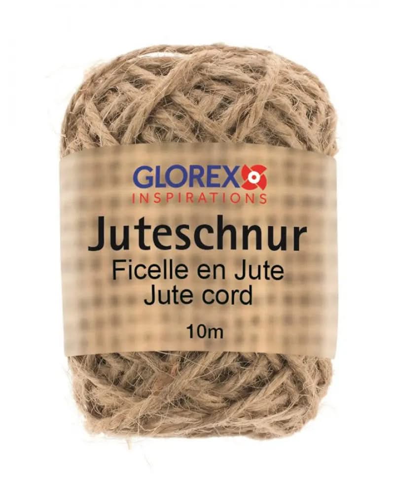 Geknickte Rolle hellbraune Juteschnur mit rauer Naturfaser-Textur und GLOREX INSPIRATIONS Etikett